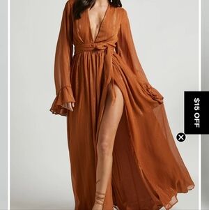Showpo | Dangerous Woman Maxi Dress Plunge Neckline Thigh Split Dress NWT Rust
